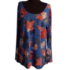 Lularoe XL Tunic Top Floral Print Long Sleeve Blue Pink Tee Shirt Hi-Low Stretch